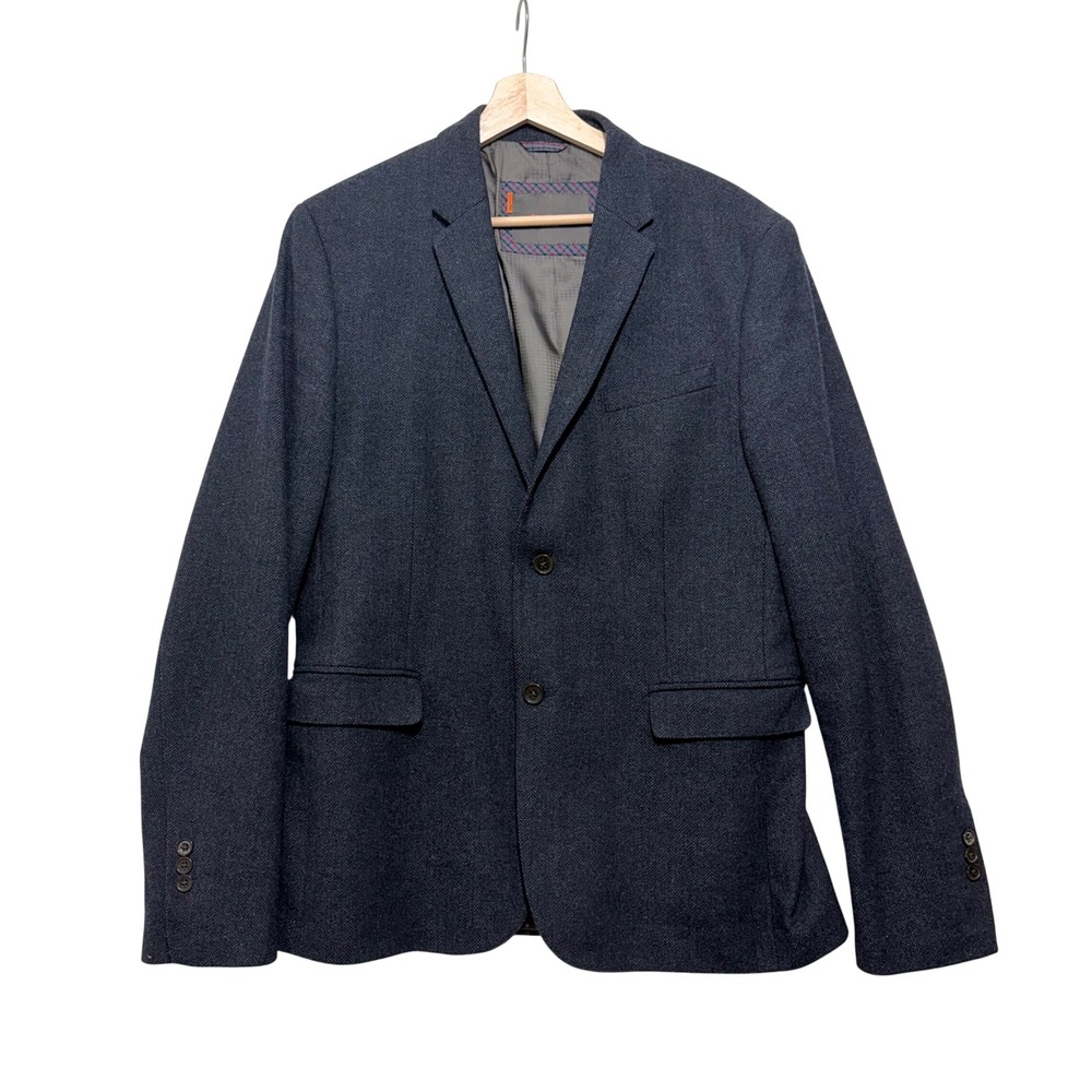 Ben Sherman Mens Wool Herringbone Blazer Large Mod Grandpacore Navy Sport Coat
